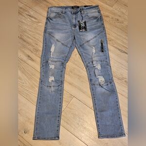 NWT Smoke & Ash Men's 34x32 Distressed Light Wash Blue Jeans Slim-fit
